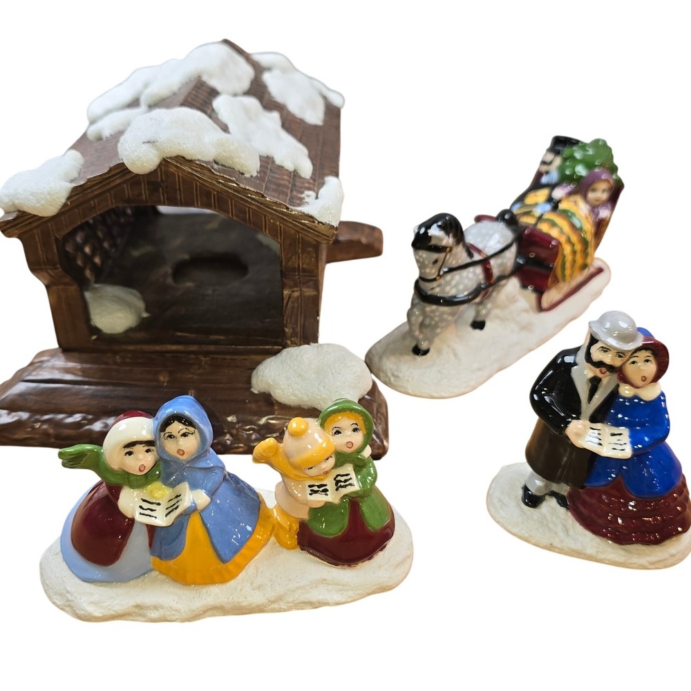 Byron Ceramic Slip Mold Handmade Caroling Couple Kids Sleigh Covered Bridge VTG
